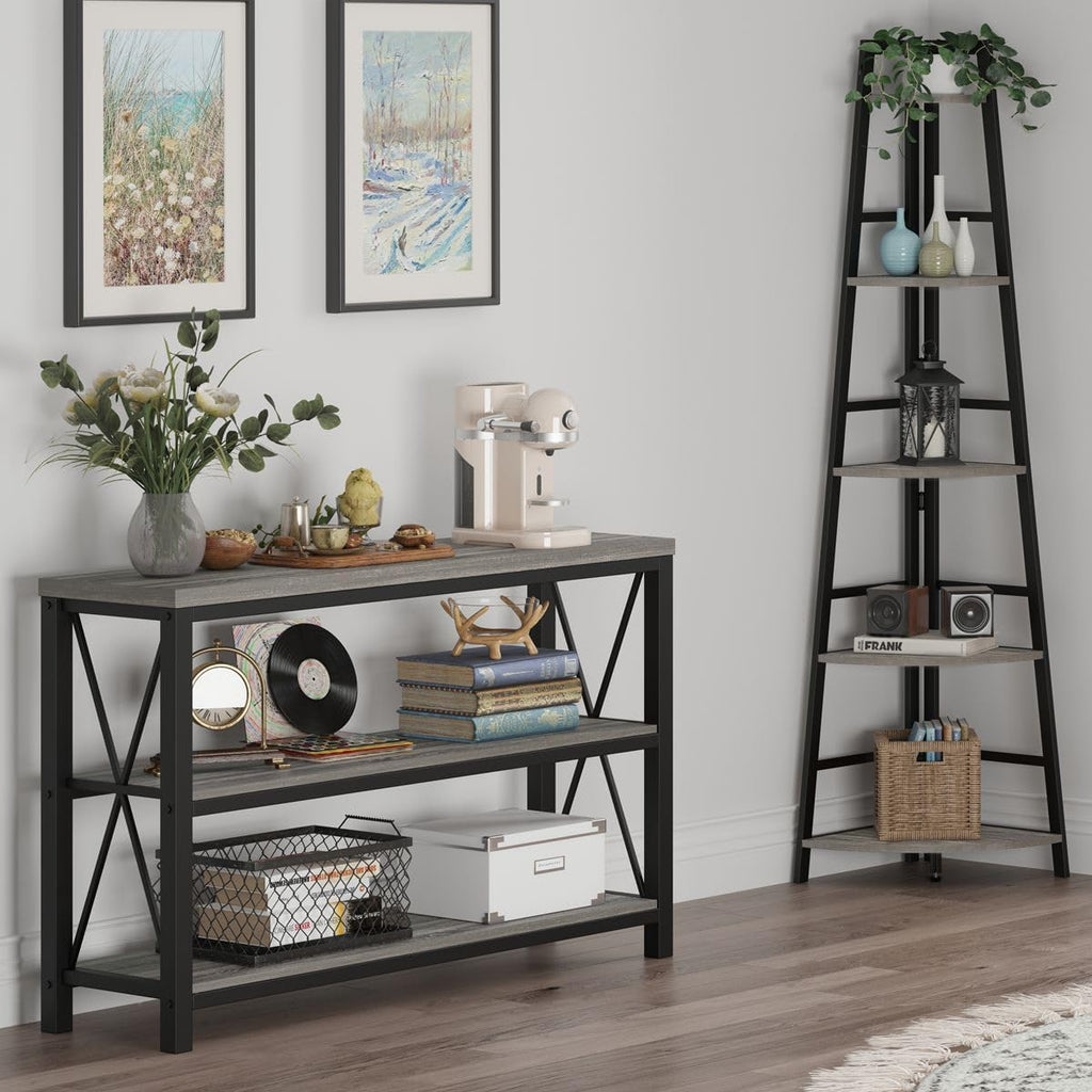 BON AUGURE Industrial Console Table for Entryway with Rustic 5-Tier Ladder Corner Shelf for Living Room and Home Office(Dark Gray Oak)