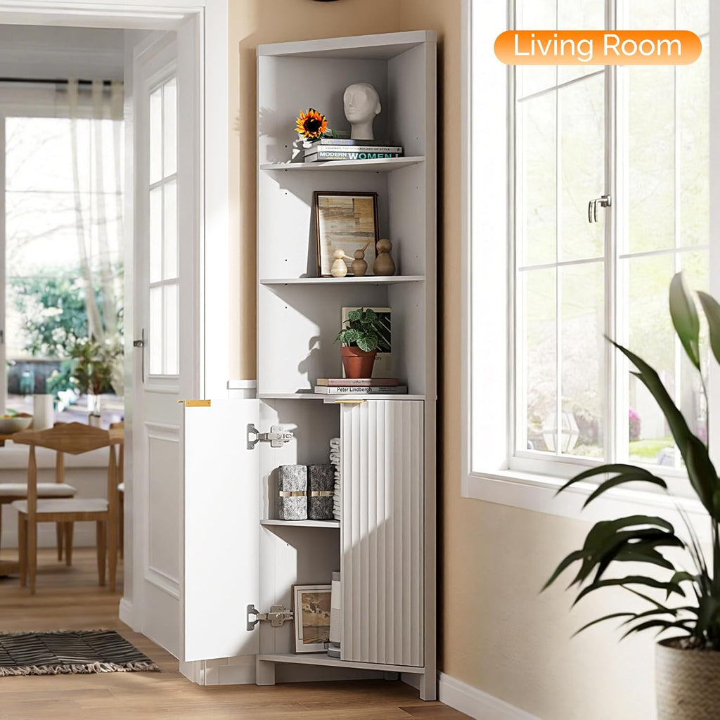 VINGLI Tall Corner Cabinet with Fluted Doors, 68' White Corner Storage Cabinet with Adjustable Shelves, Freestanding Wood Corner Bookshelf for Bathroom, Living Room & Kitchen, Space-Saving