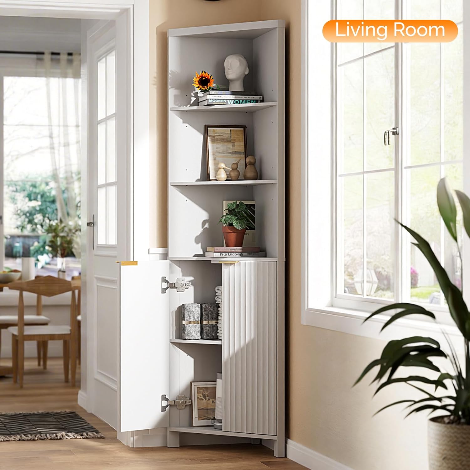 VINGLI Tall Corner Cabinet with Fluted Doors, 68' White Corner Storage Cabinet with Adjustable Shelves, Freestanding Wood Corner Bookshelf for Bathroom, Living Room & Kitchen, Space-Saving
