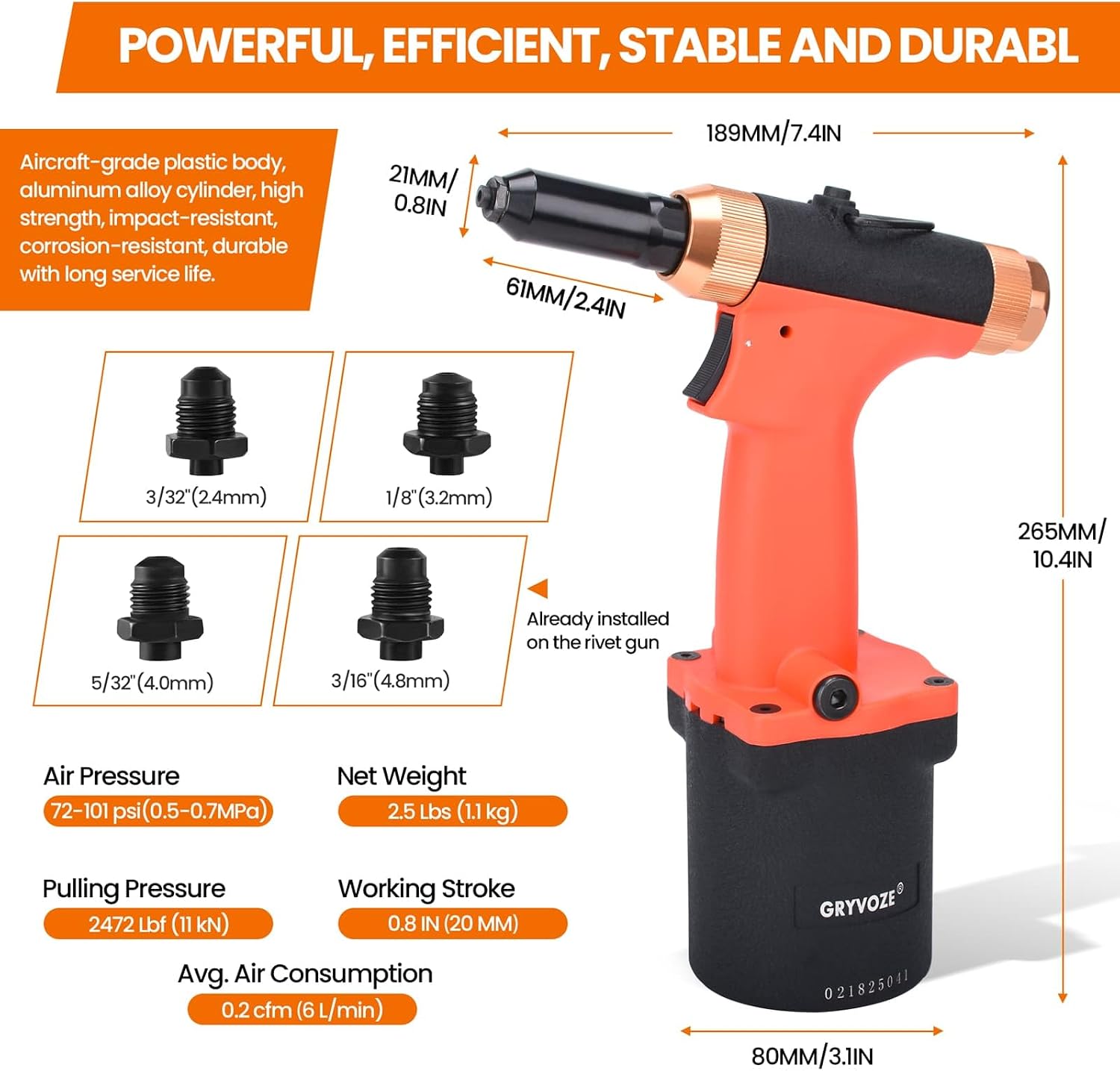 Pneumatic Rivet Gun Air Pop Riveter Tool Kit with 3/32', 1/8', 5/32', 3/16' Rivet Nozzles, Self-Suction Pneumatic Riveting Gun, Upgraded Air Riveter Hydraulic Pop Riveting Rivets Tool
