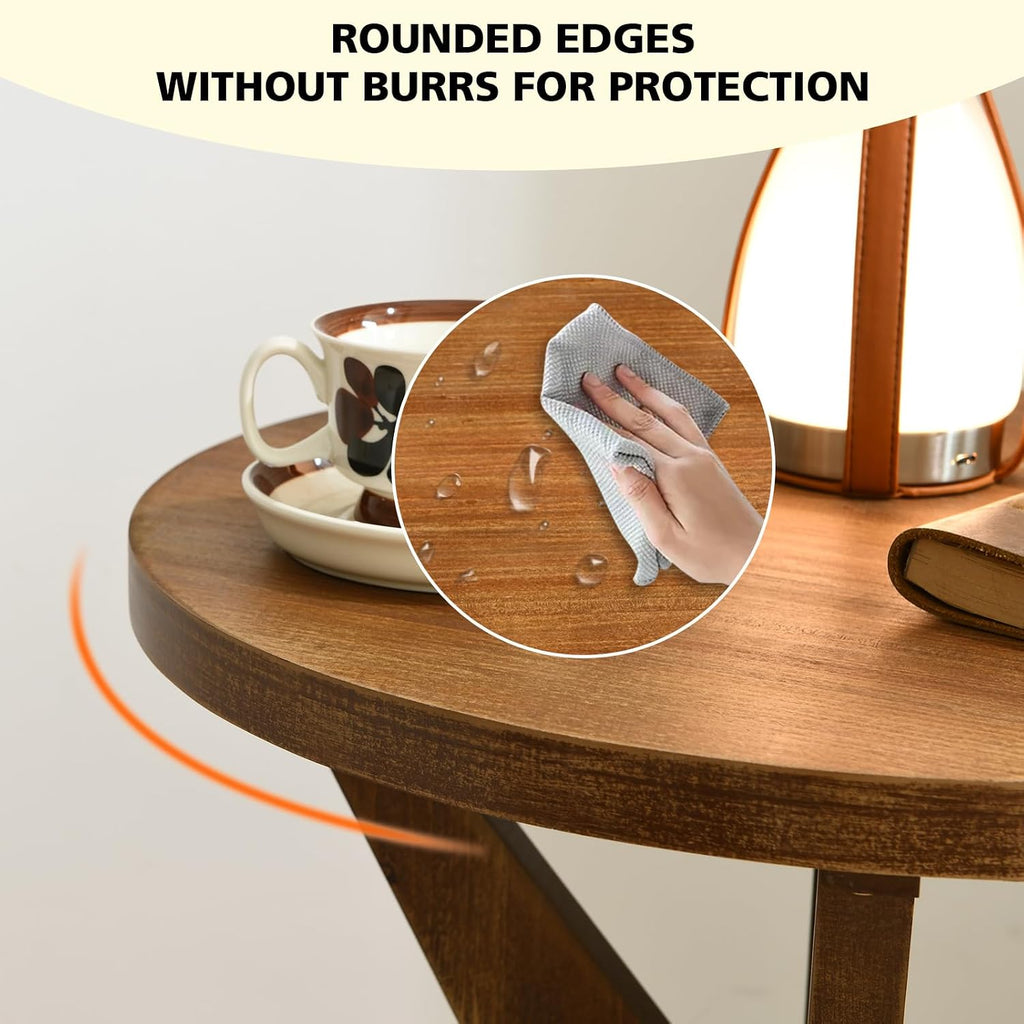 Ahokua Farmhouse Round End Table Set of 2 with MDF Top and Crossed Legs, Mid Century Modern Side Table Small Accent Table for Small Space Stable Nightstand for Living Room, Natural Wood