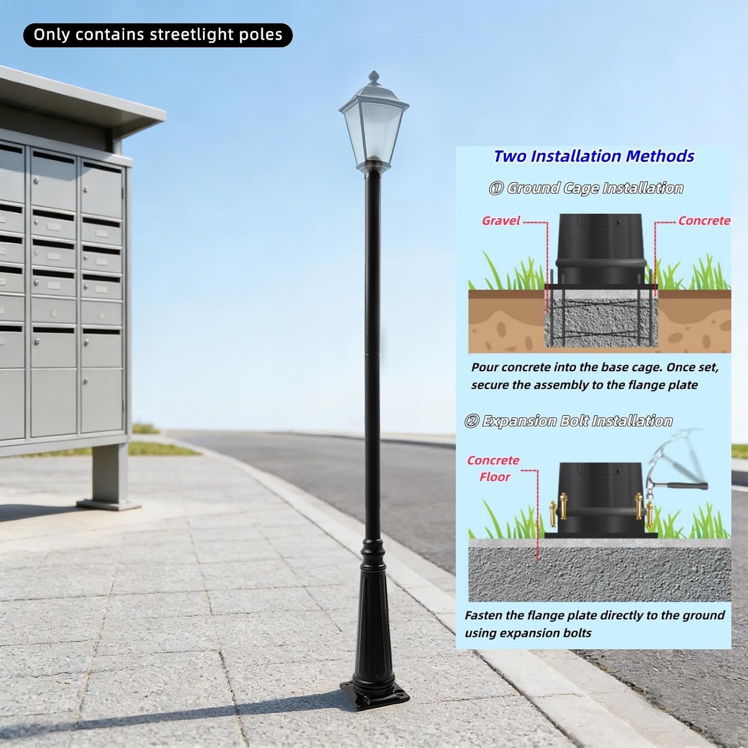 12.5FT Outdoor Lamp Post, Split Street Light Pole with Top Globe & Ground Cage Lighting Post Fixtures for Pathway Courtyard Parking Lot, Fits Standard 3' Post Top Fixtures (12.5FT 275+76mm)