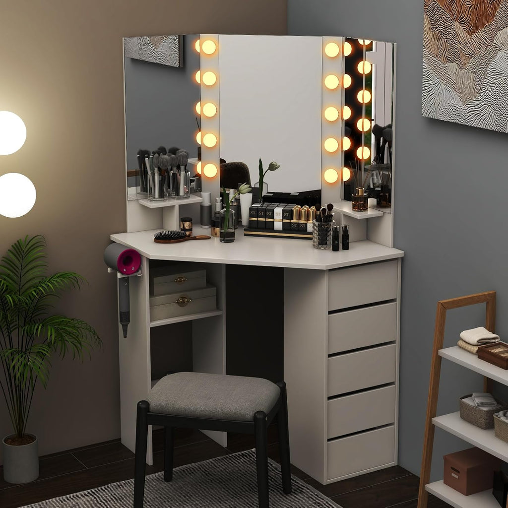 NAFORT Corner Vanity Desk with Mirror and LED Lights, Vanity Table with 5 Storage Drawer SND Shelf, Dressing Table with Power Outlet and Hair Dryer Holder, 3 Lighting Modes Triple Mirror, White