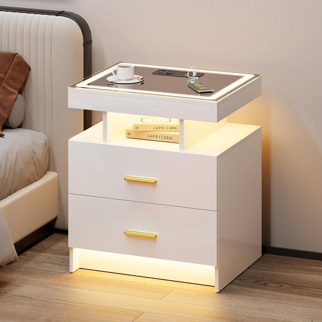 LED Nightstand with Wireless Charging Station,White Night Stand with 2 Drawers,Glass Top Smart Bedside Table,Modern End Table Side for Bedroom,Living Room,Office