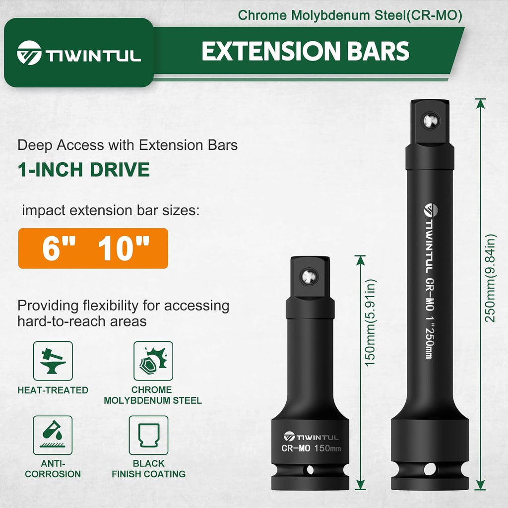 1 Inch Drive Impact Socket Set for Truck, Excavator & Construction Equipment Repair, 21-55mm Metric Heavy Duty CR-MO Socket Set, 18 Pcs with 24' Ratchet Wrench, Sliding T-Bar & Extension Bars