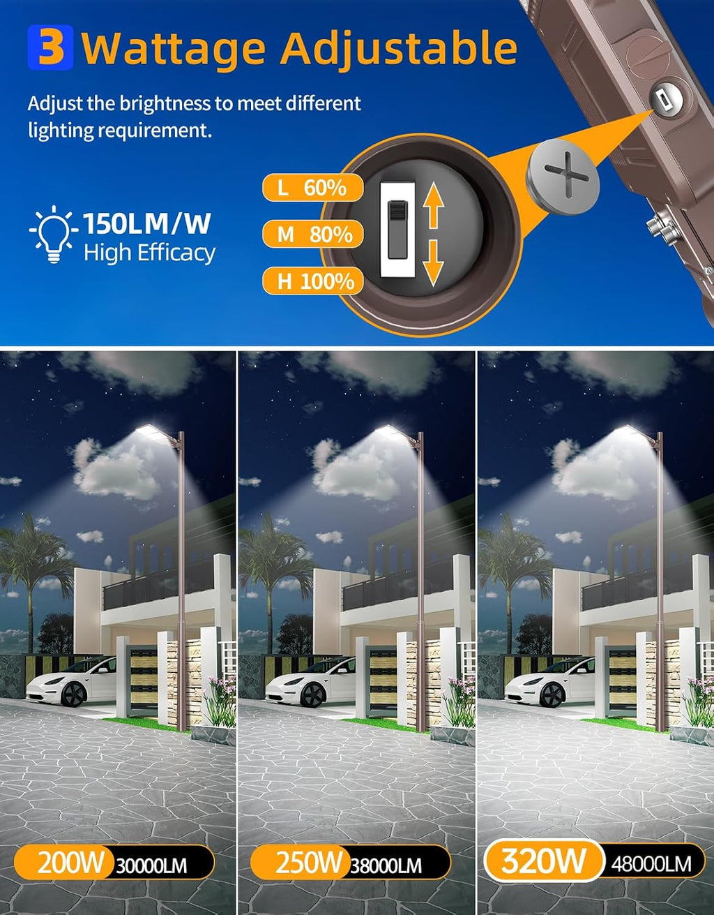 LED Parking Lot Lights 320W 250W 200W, LED Shoebox Light 5000K Adjustable Arm Mount, UL Listed Outdoor Pole Light with Photocell, IP65 Waterproof Commercial Street Area Lighting 100-277V (4 Pack)