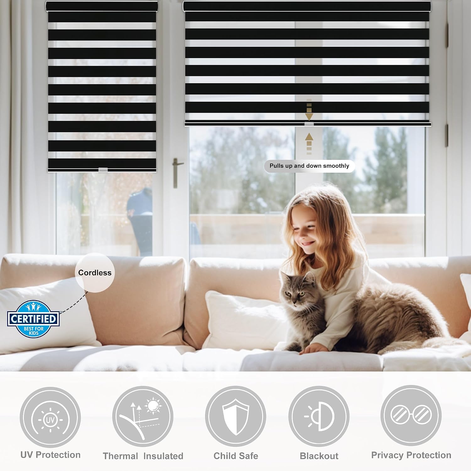 Blackout Cordless Zebra Blinds for Windows, Blinds for lndoor, Light Control, Easy to Instal, UV Protection, for Home, Offices and Door, Roller Shades, Custom Sizes,Black, 52' W x 56' H