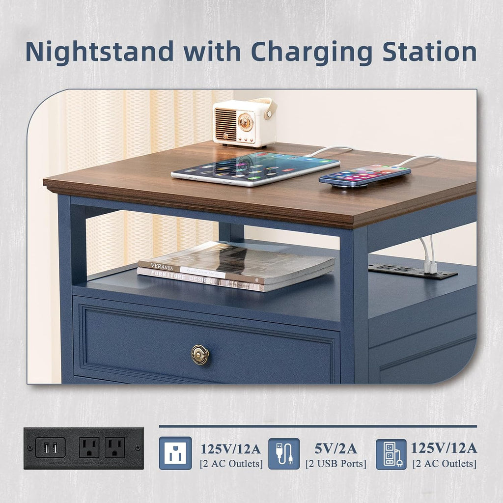 Joaxswe Farmhouse Nightstand Set of 2 with Charging Station, 24' Wide End Table with 2 Drawers,Wood Dresser for Bedroom,Bed Side Table Chest of Drawers Cabinet,Navy BlueNight Stand for Living Room