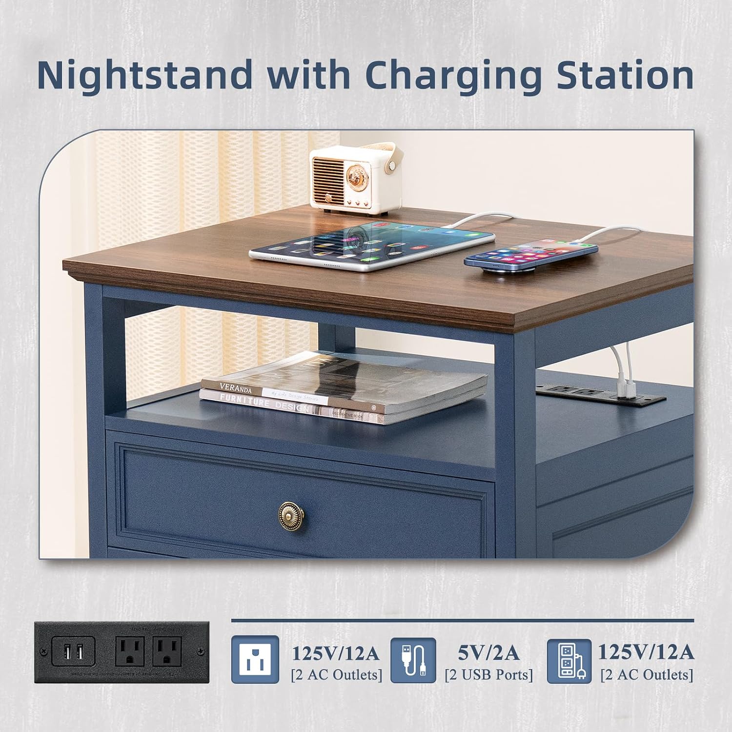 Joaxswe Farmhouse Nightstand Set of 2 with Charging Station, 24' Wide End Table with 2 Drawers,Wood Dresser for Bedroom,Bed Side Table Chest of Drawers Cabinet,Navy BlueNight Stand for Living Room