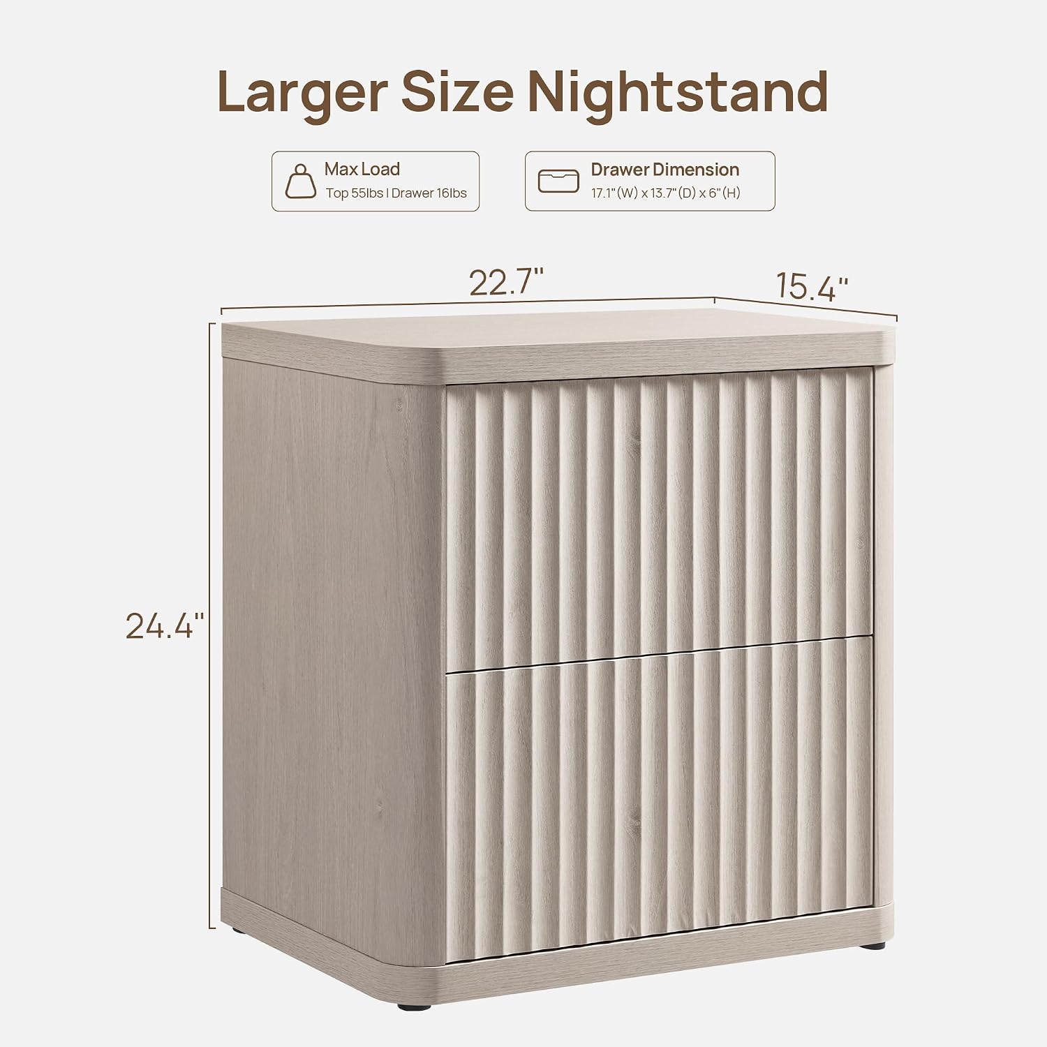 SICOTAS Night Stand Set of 2 Nightstands with 2 Drawers Storage Bedside Table Large Fluted Bed Side End Table Modern 24.4' Tall Wide Night Stands for Bedroom Living Room Sofa Couch Office, White Alder