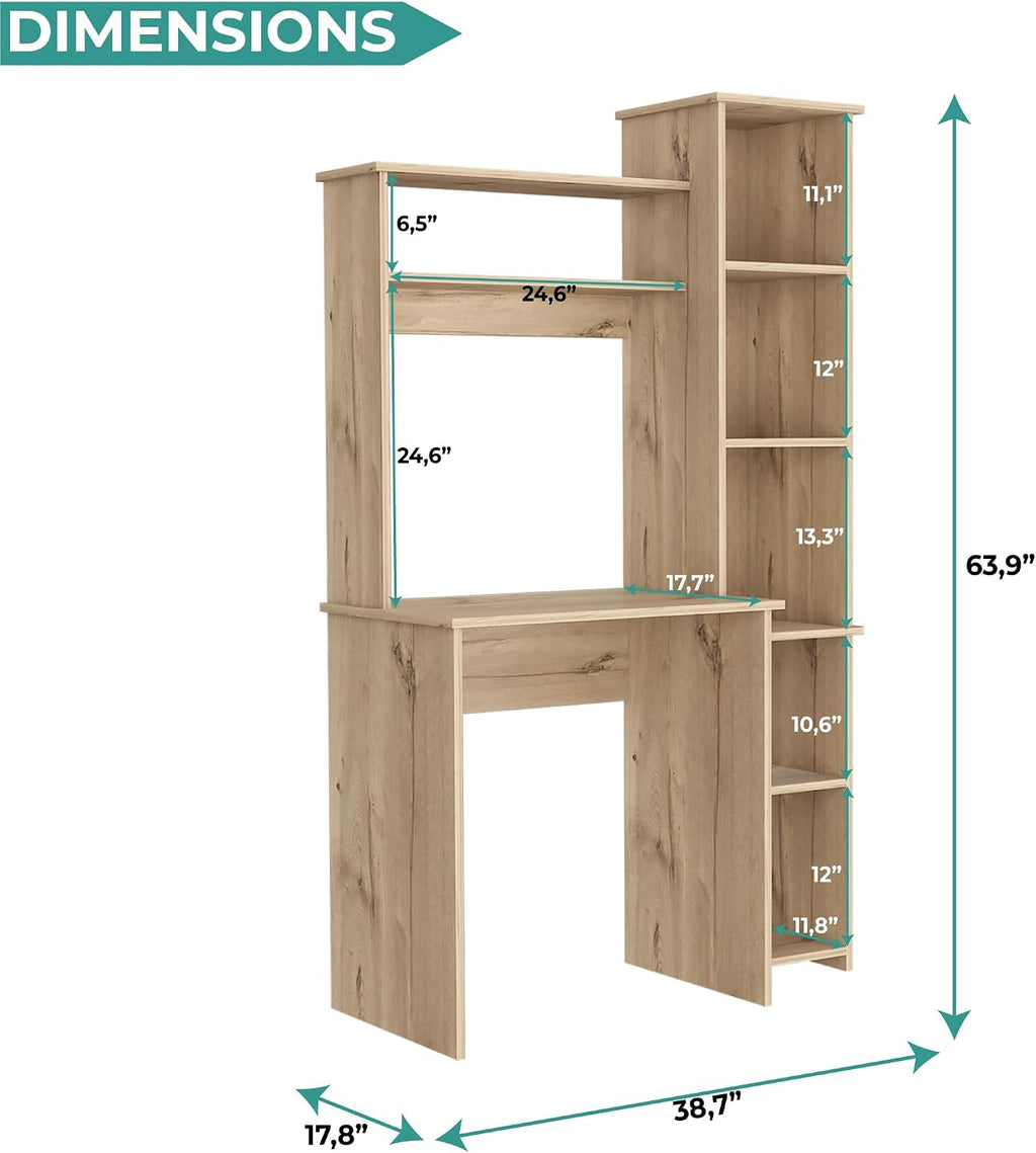 Tuhome Versalles Writing Desk with Two Superior Shelves, Five Side Open Storage Compartments, Space-Saving Modern Workstation Design for Studios and Offices, Ideal for Organization, Books
