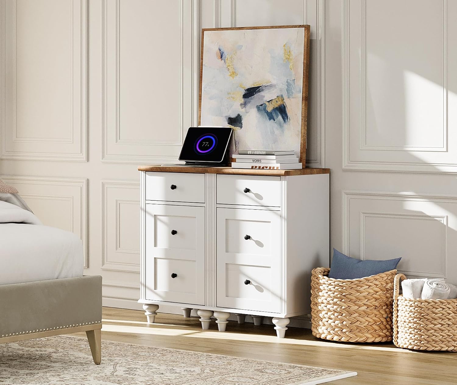 WAMPAT White End Table with Charging Station, Nightstand with Power Outlets & USB Ports, Modern Side Table with Drawer and Storage Cabinet for Bedroom (2PCS)