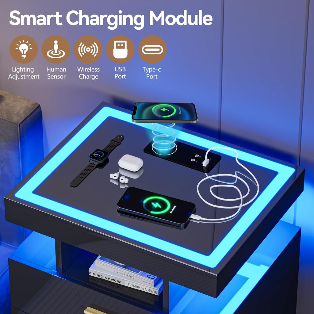 Black Night Stand Set 2 with Wireless Charging Station,Smart Bedside Table with 3 Drawers,Modern Glass Top End Side Table with 3 Color Dimmable,LED Nightstand for Bedroom