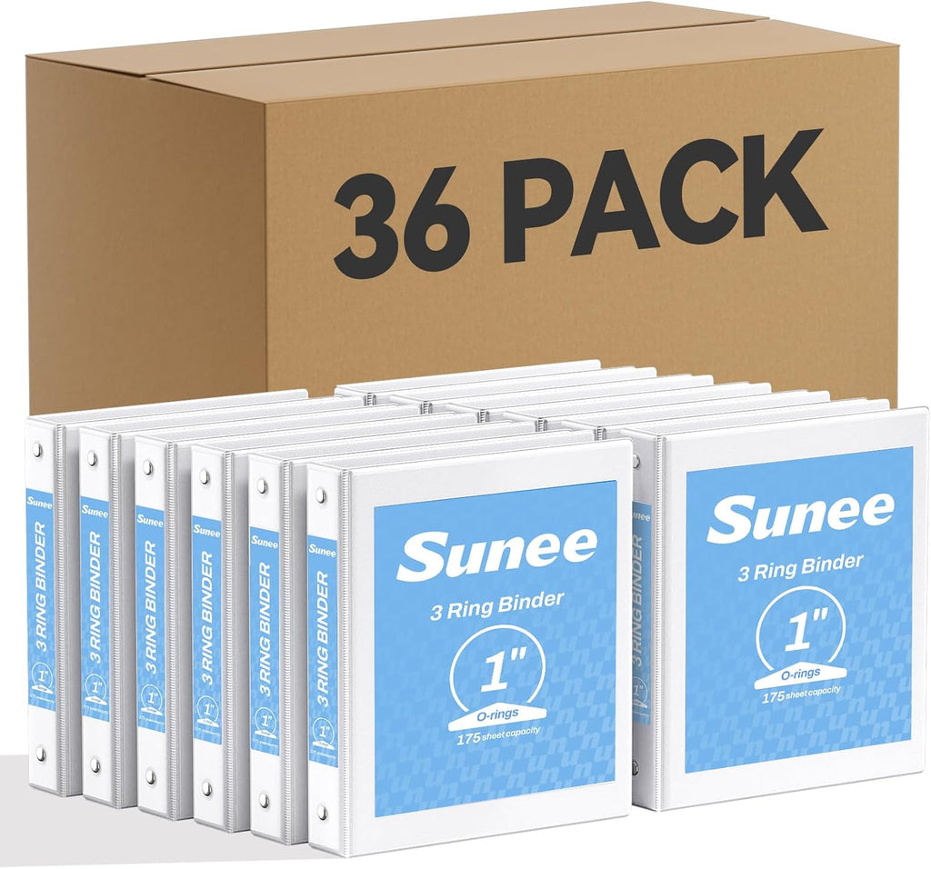 SUNEE White Binders 1 Inch 36 Pack Bulk, Clear View 3 Ring Binders PVC-Free (Fit 8.5x11 Inches) for School or Office Supplies