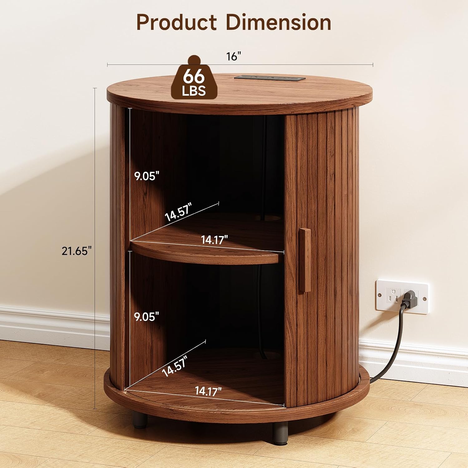 ONBRILL Round End Table Set of 2 with Charging Station, Mid Century Bedside Table with Sliding Door & 2 Tier Storage, Modern Nightstands Set of 2 for Living Room, Bedroom, Entryway, Walnut