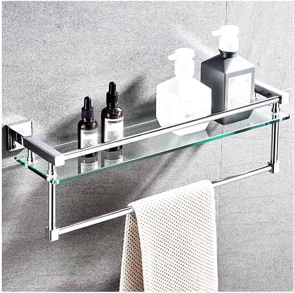 Tempered Glass Bathroom Shelf with Hand Towel Bar,Rectangular Wall Mounted Shower Storage Extra Thick Glass,30cm/40cm/50cm/60cm with Brushed Silver Finish Silver-40cm