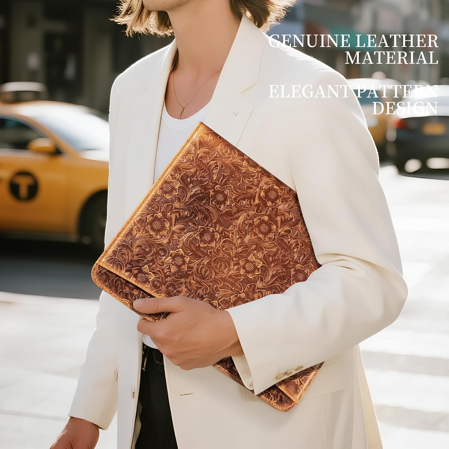 Gexmil Leather Portfolio Organizer for Women Men, Business Padfolio Folder with Zipper, Full Grain Leather,Interview Legal Document File Resume Organizer, A4 Writing Notepad Padfolio, Floral Brown