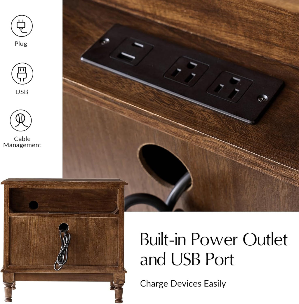 HULALA HOME Solid Wood Storage End Table with Hidden Pull-Out Shelf, Transitional 2 Drawer Side Table with Charging Station, Large SideTable with USB Ports, Easy Assembly, Walnut
