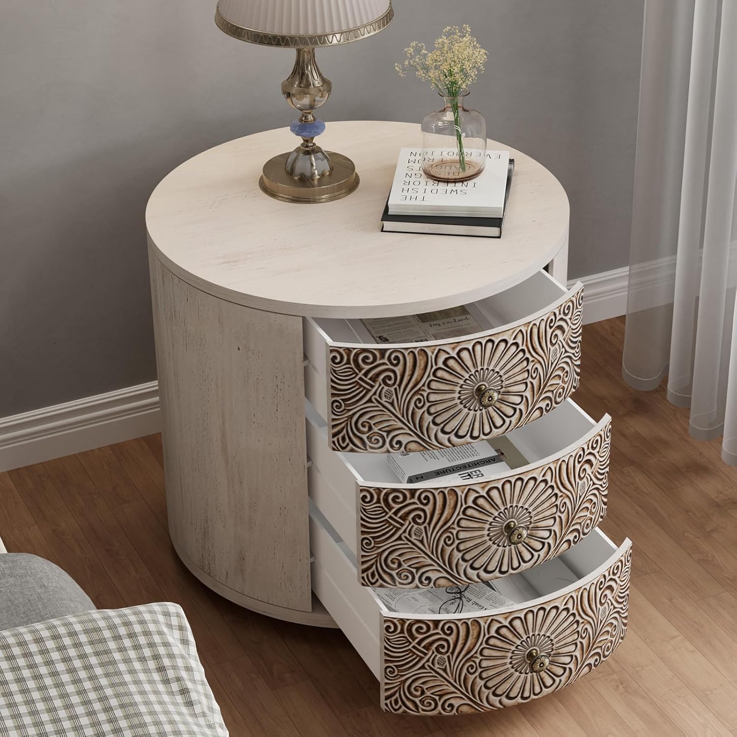 COSIEST Bedside Table Set of 2, Wood Nightstand 3 Drawers, Farmhouse Round End Table with 3 Drawers, Dresser with Drawers for Bedroom, Living Room