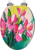 Elongated Toilet Seat drawing flowers green Oil Acrylic impressionistic style Resin Toilet Seat Slow Quiet Close with Quick-Release Hinges Toilet Seat with Cover Easy to Clean Install