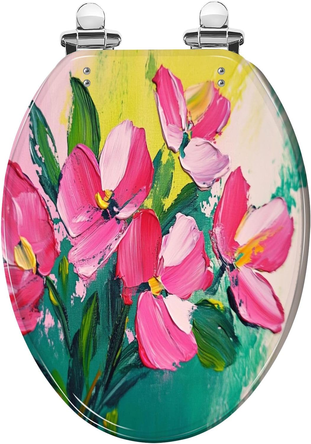 Elongated Toilet Seat drawing flowers green Oil Acrylic impressionistic style Resin Toilet Seat Slow Quiet Close with Quick-Release Hinges Toilet Seat with Cover Easy to Clean Install