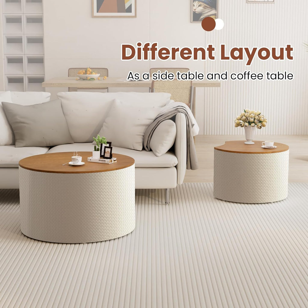 Round Nesting Coffee Table Set of 2 with Storage Modern Wood Coffee Table MDF Frame and Leather Surface Center Table End Side Table for Living Room Bedroom Office, No Assembling (White)