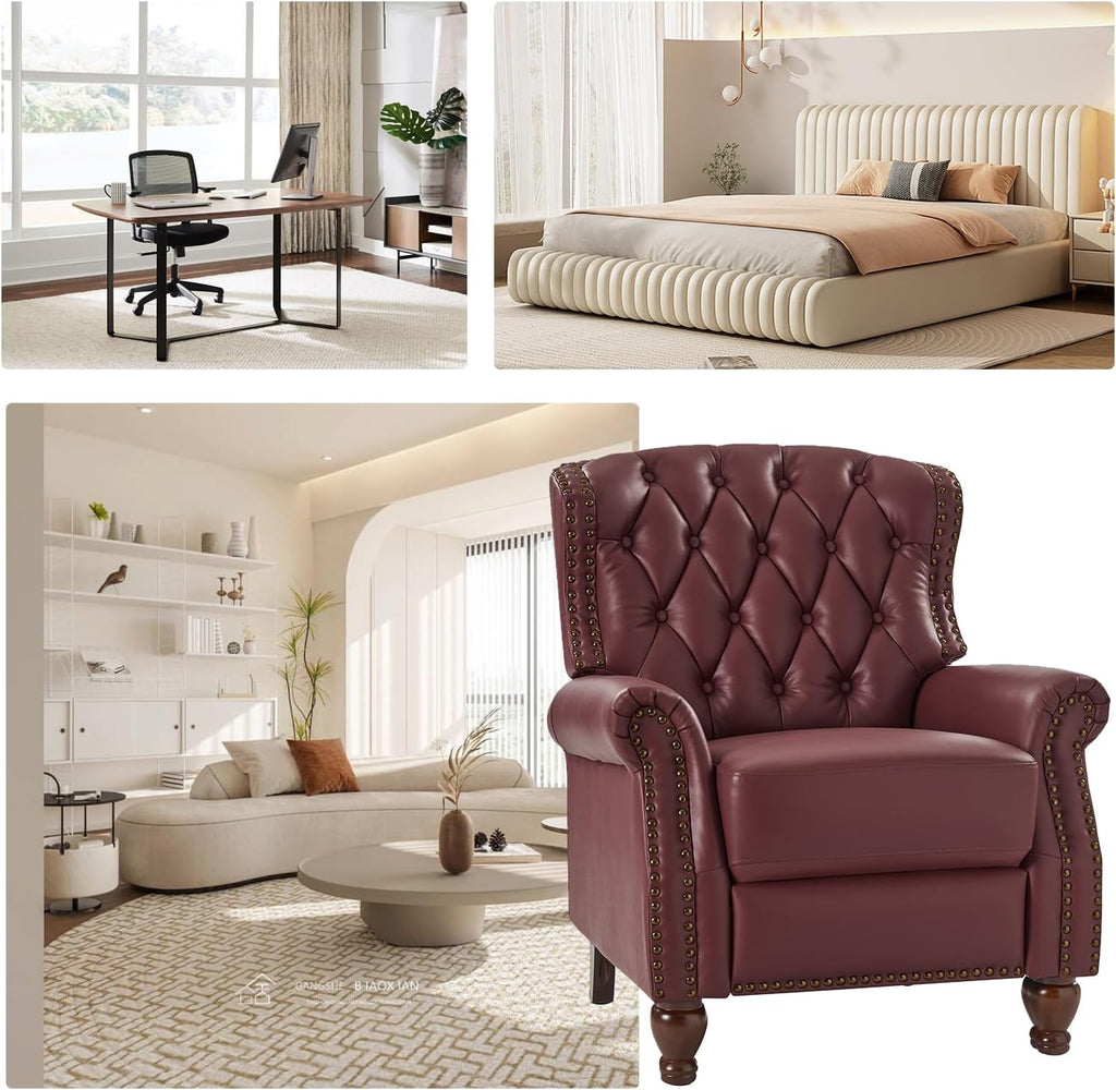 HULALA HOME Genuine Leather Recliner Chair Set of 2 w/Solid Wood Feet, Modern Adjustable Tufted Push Back Arm Chair w/Rivet Decoration, Home Theater Seating Reclining Sofa for Living Room, Burgundy