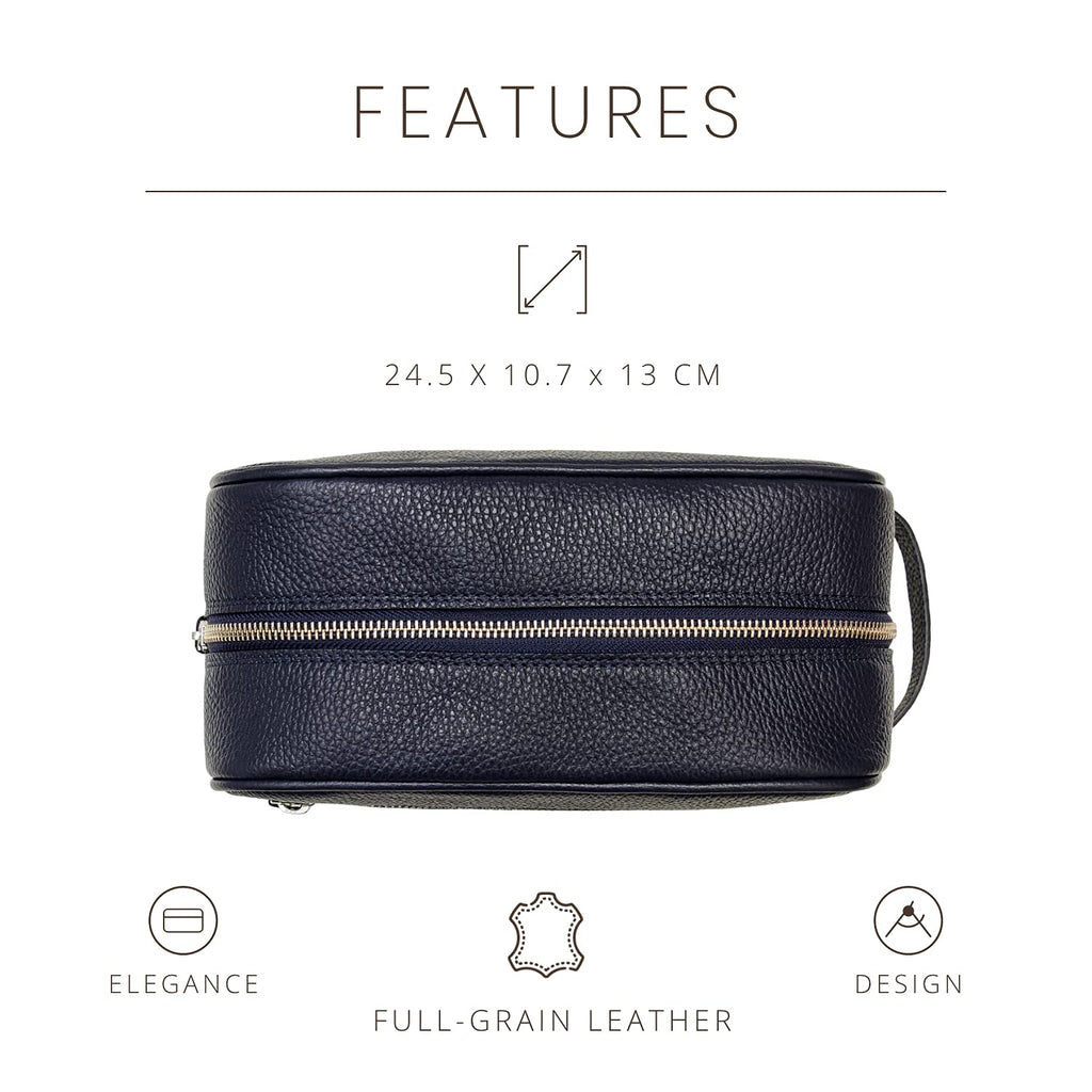 Maruse Italian Leather Toiletry Travel Bag with 2 Zippered Closures for Men and Women, Handmade in Italy, Navy