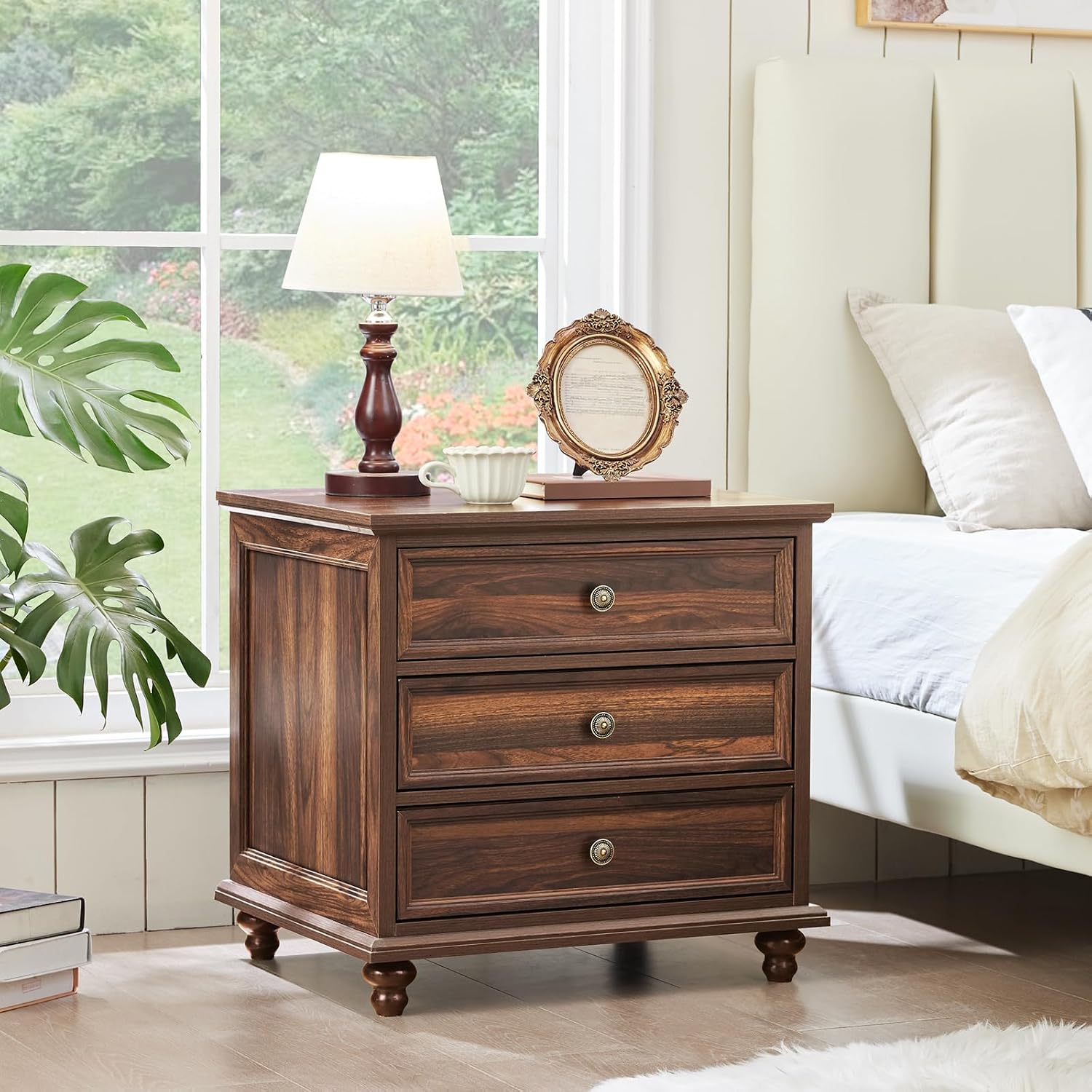 Joaxswe 24' Wide Farmhouse Night Stand,Large End Table with 3 Drawers & Metal Handle,Wood Dresser for Bedroom Cabinet, Bed Side Table Chest of Drawers,Brown Nightstand for Living Room,Close