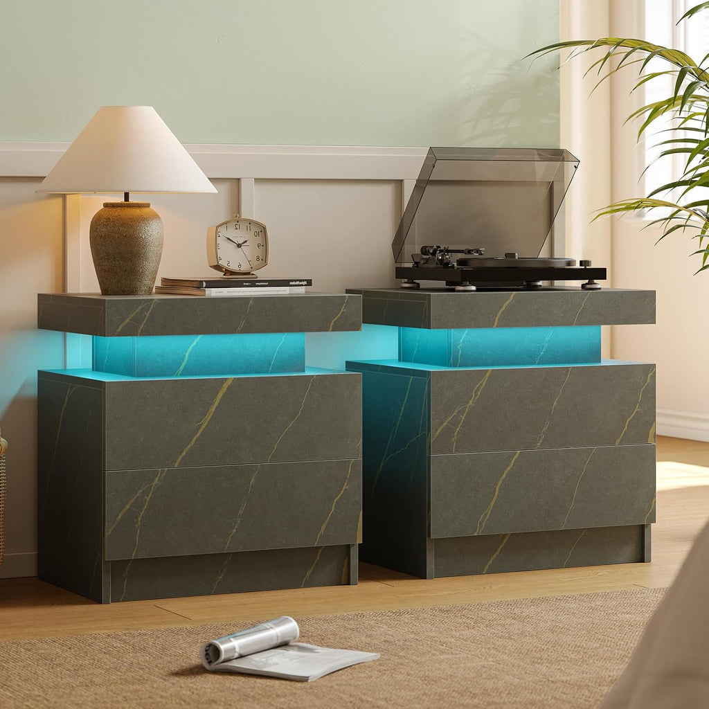 Cubehom Nightstands Set of 2, Bedside Tables with LED Lights, Night Stands with 2 Wood Drawers, End Tables Set of 2 for Living Room/Bedroom
