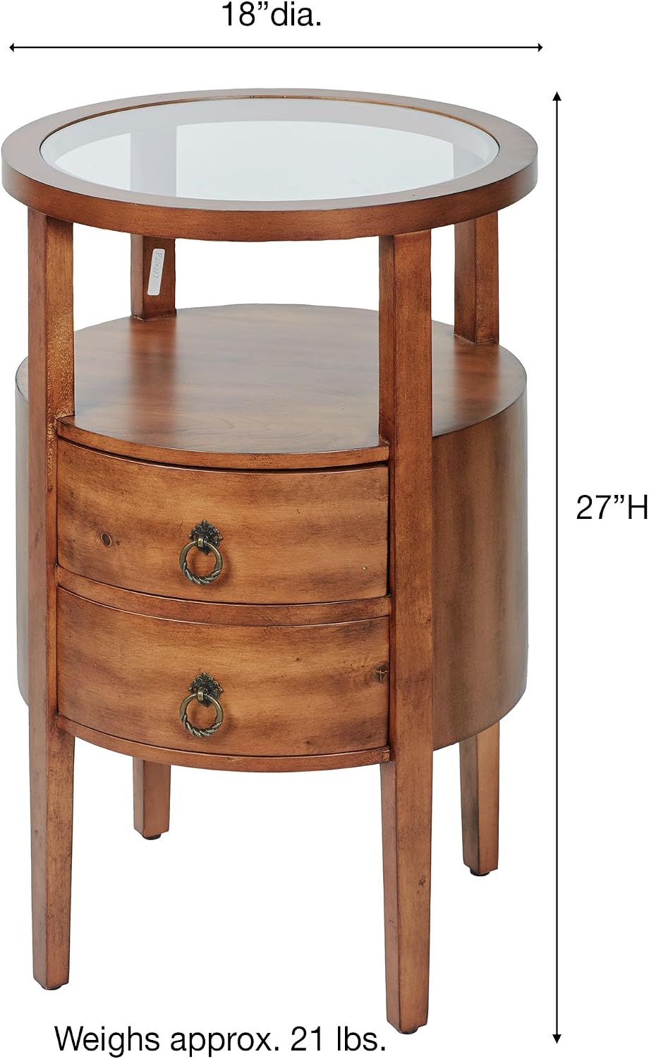 Louis Round Side Cabinet | Regal Walnut Finished Wooden Furnishing | Two Storage Drawers, Open Display Area Shelf, & Clear Glass Tabletop | Circle Wood End Table Furniture | No Assembly Is Required