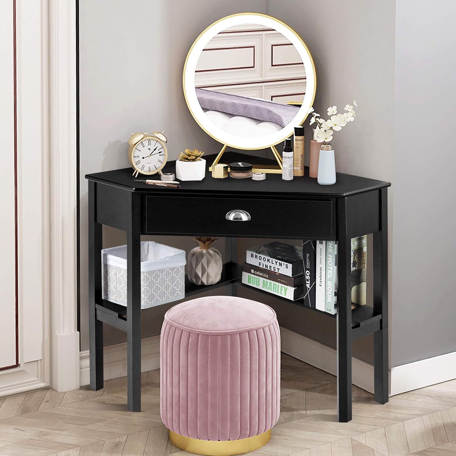 DORTALA Corner Desk, Writing & Study Corner Computer Desk, Laptop PC Table, Wood Home Office Desk, Small Corner Desk w/Storage Drawer, Shelves, Office Study Workstation, White Corner Desk (Black)