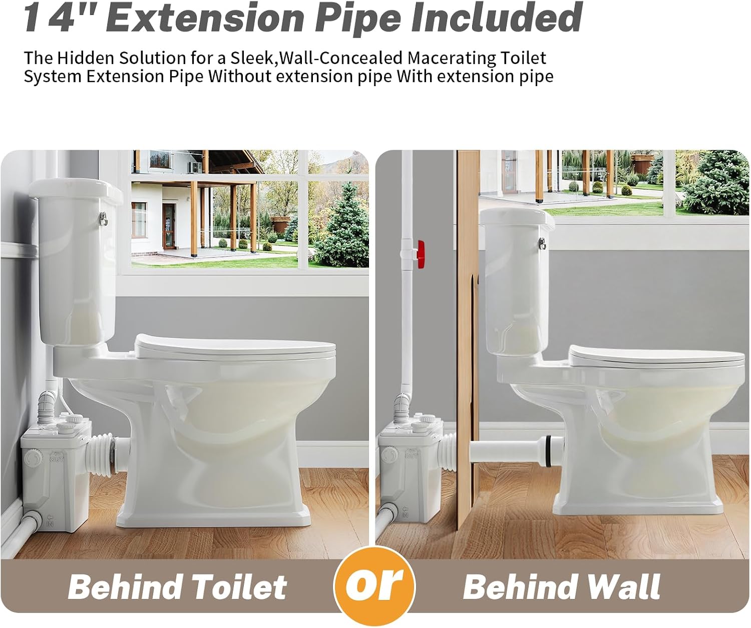 800PRO Macerating Toilet with Pump, Two-Piece Upflush Toilet For Basement, Powerful & Quiet Macerating Pump System With 4 Water Inlet, 23Ft Vertically, Elongated Bowl
