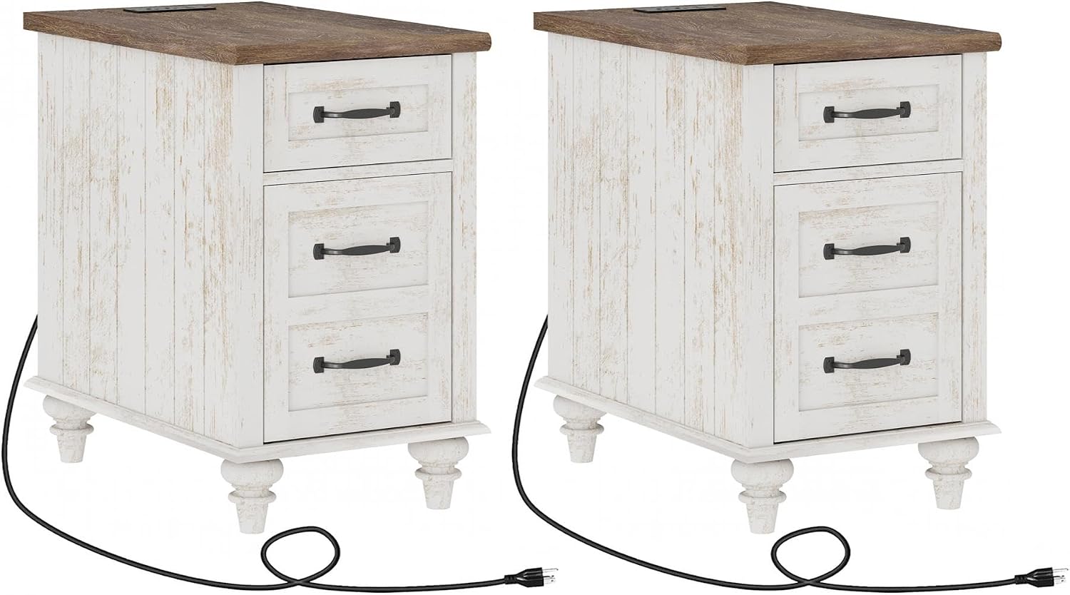WAMPAT 2 Pack End Tables with Charging Station, Farmhouse Side Table with Drawer & Storage Cabinet, Antique White Nightstand with Power Outlets & USB Ports for Living Room, Bedroom