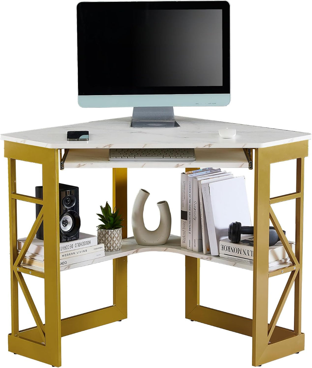 VECELO Corner Desk Computer Desk Writing Table with Smooth Keyboard Tray & Storage Shelves,Compact Home Office Triangle Table,Gold & White