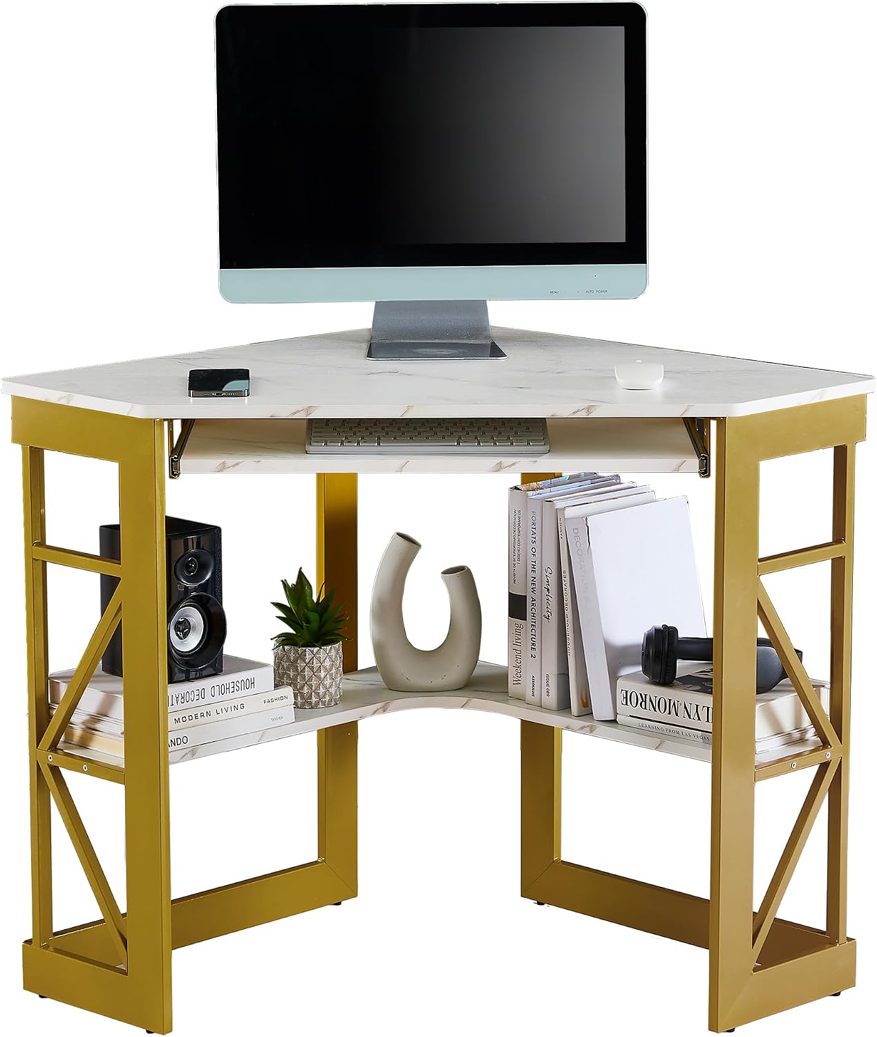 VECELO Corner Desk Computer Desk Writing Table with Smooth Keyboard Tray & Storage Shelves,Compact Home Office Triangle Table,Gold & White