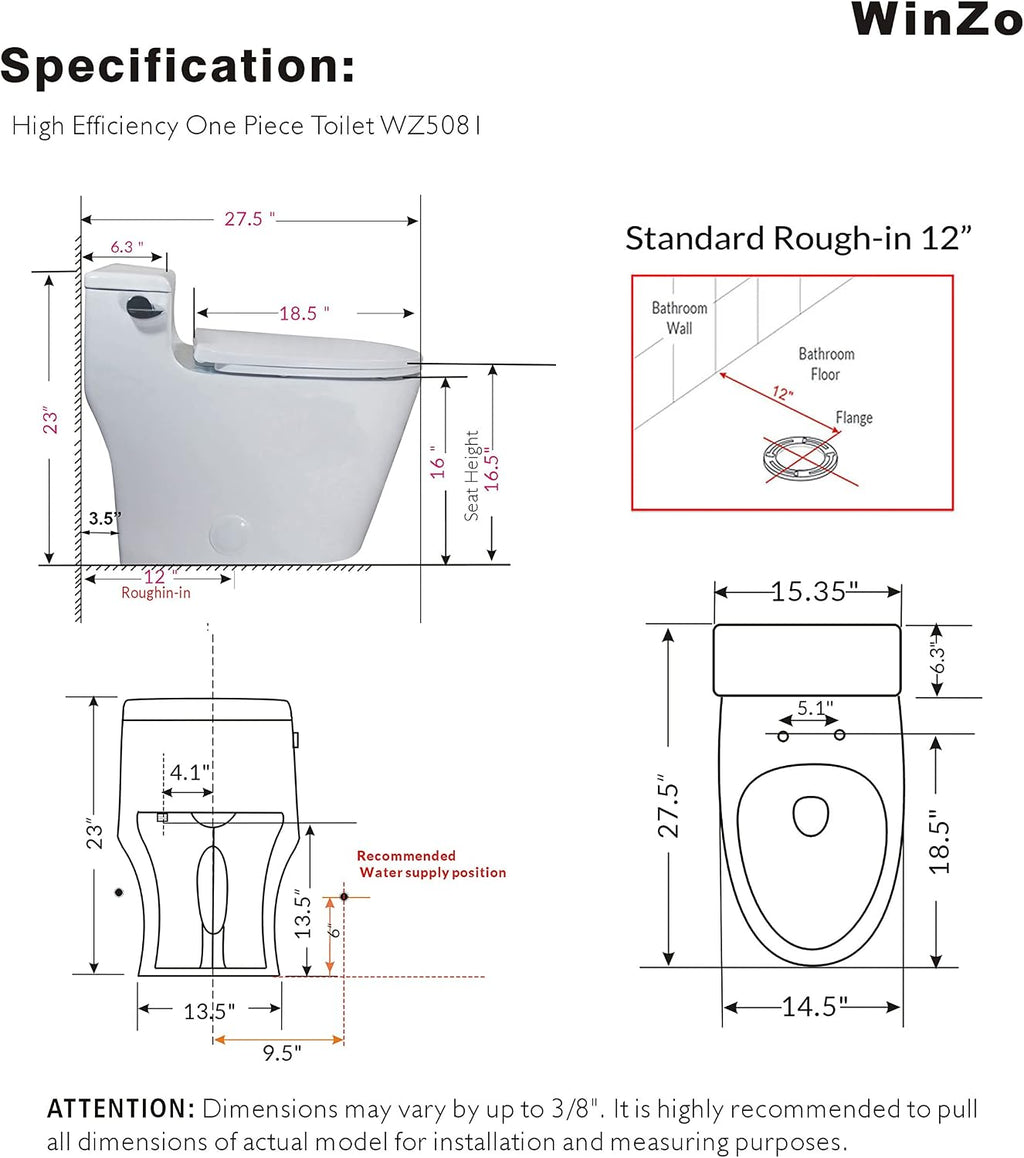 WinZo 2 PACK Elongated One Piece Toilet, Low Profile High Efficiency 1.28 GPF Single Side Flush, Space Saving Design, White