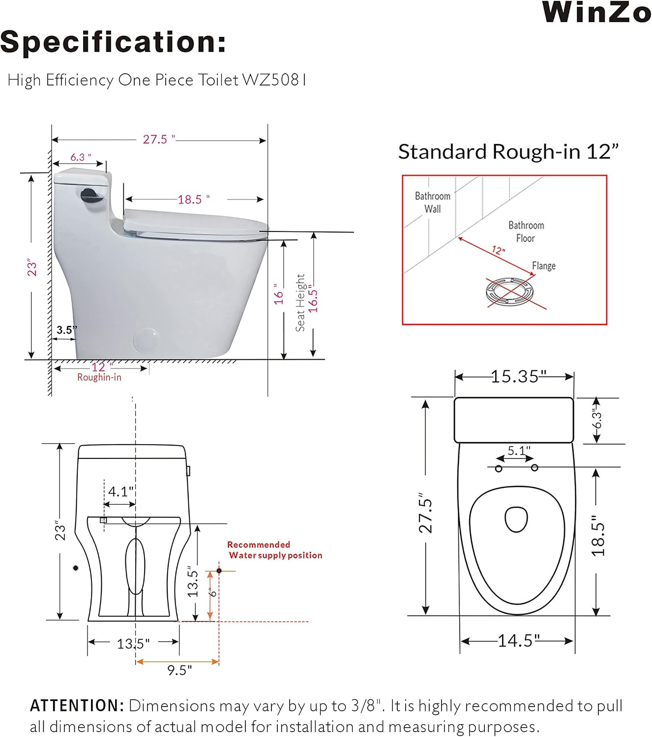 WinZo 2 PACK Elongated One Piece Toilet, Low Profile High Efficiency 1.28 GPF Single Side Flush, Space Saving Design, White