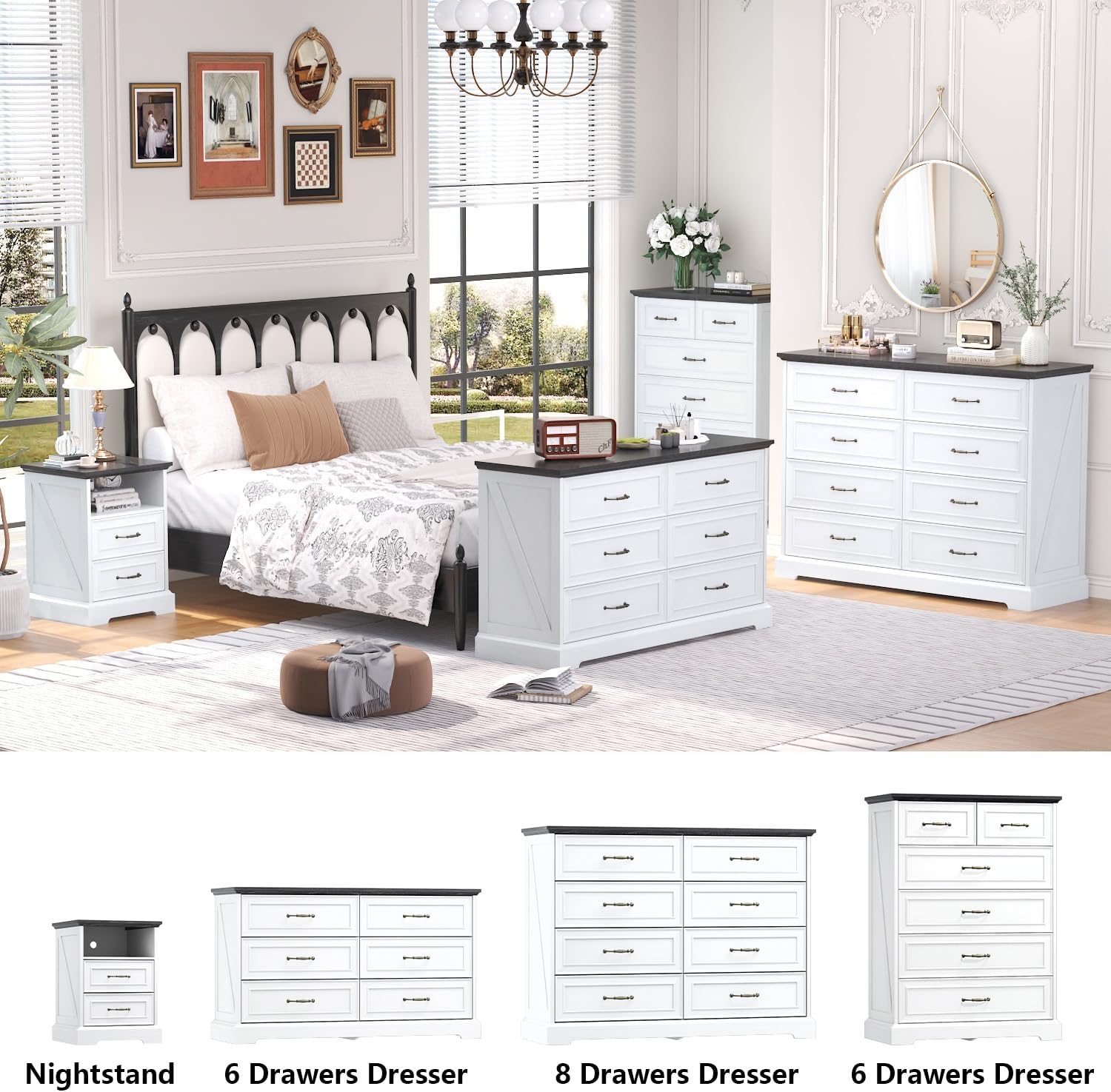 Nightstand with Charging Station,18' Wide End Table with 2 Large Drawers & Metal Handles,Rustic Farmhouse Wood Small Dresser,Bedside Table,Modern Chest of Drawers for Bedroom,Living Room,Off White