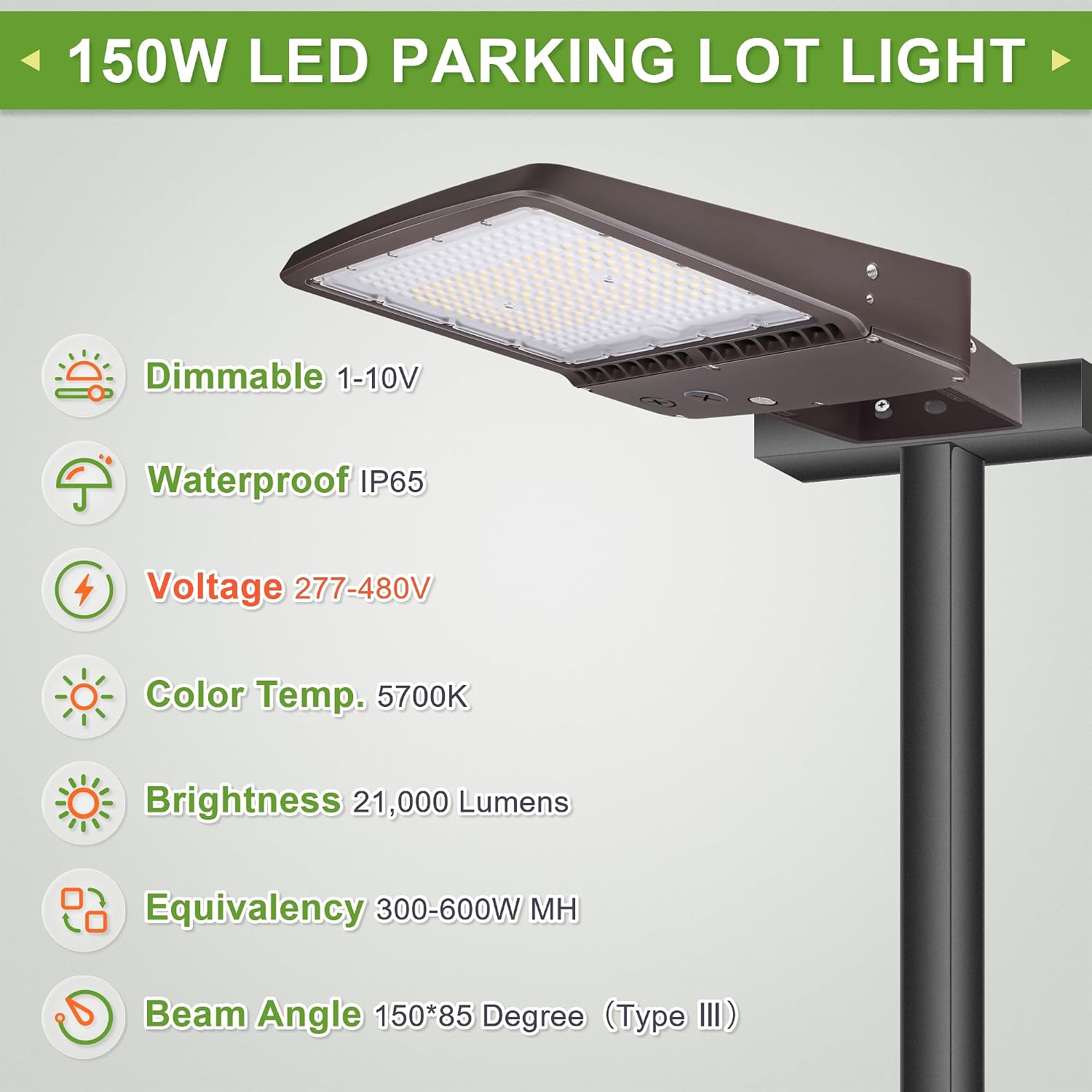 480V 150W LED Parking Lot Light, 5000K 21000LM [Eqv 500W HPS] LED Shoebox Light with Yoke Mount, Outdoor Flood Light, IP65 20KV Surge Protection, AC 277-480V, UL Listed