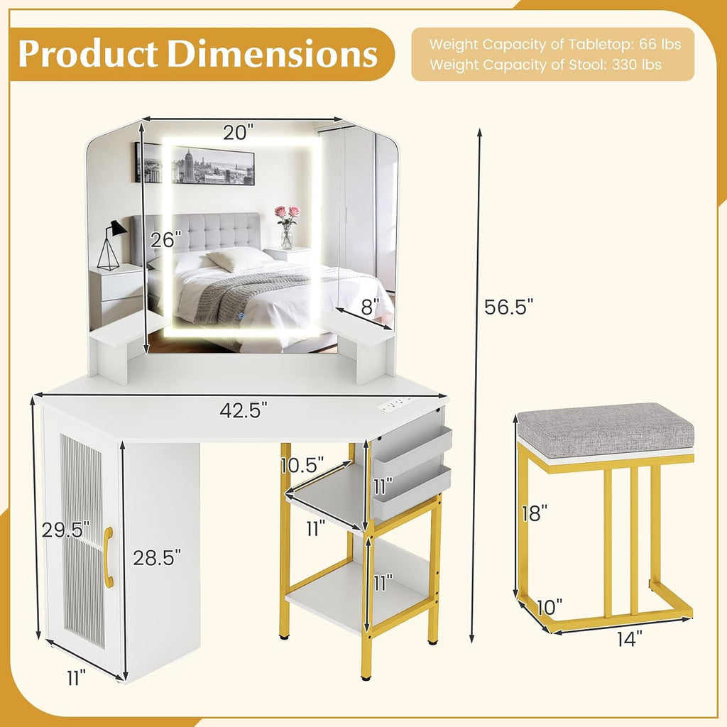 LOKO Corner Vanity Desk with Mirror & Lights, Modern Makeup Dressing Table with Triple Mirror, 3 Lighting Modes & Adjustable Brightness, Matching Chair, Open Shelves & Cabinet, 2 Fabric Bags