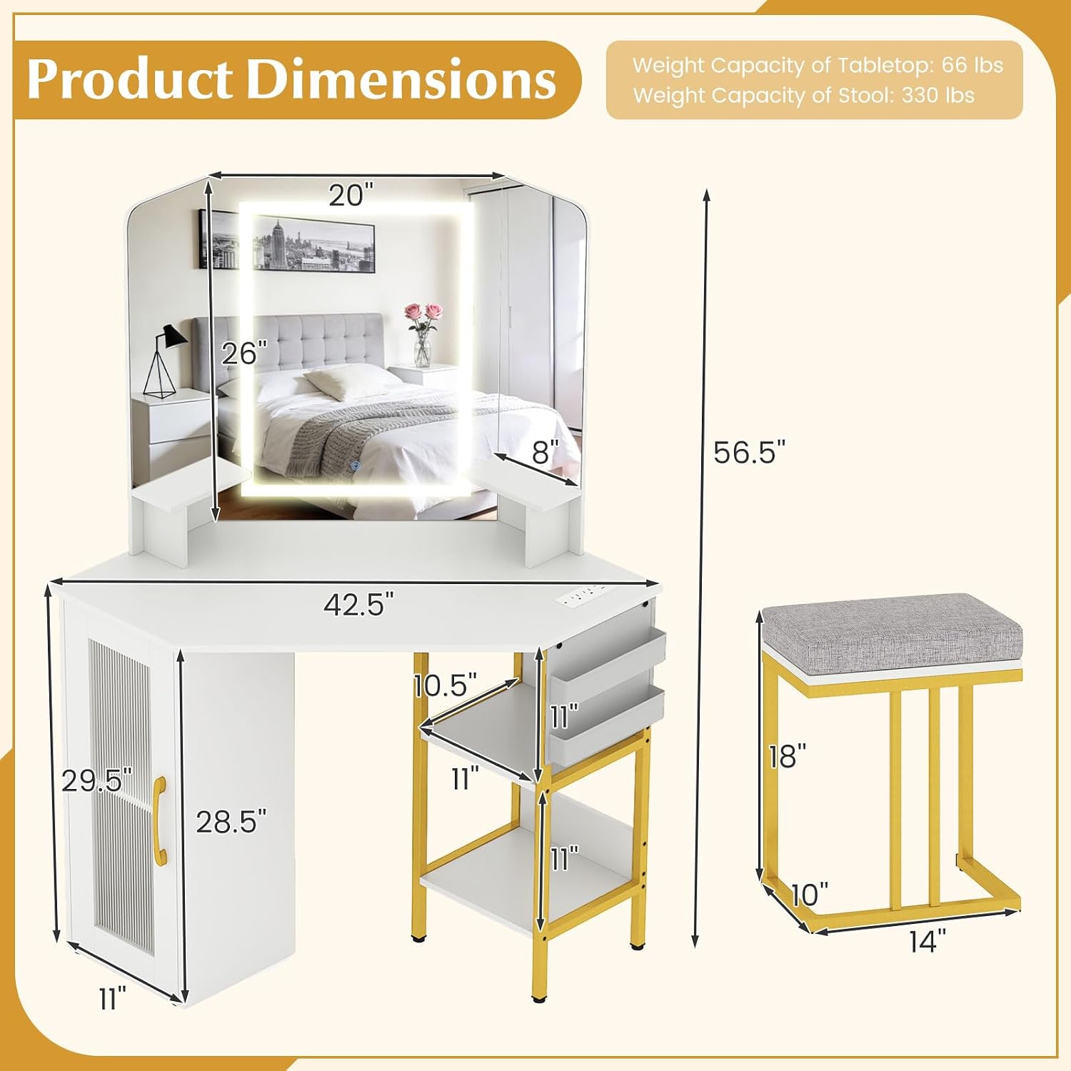 LOKO Corner Vanity Desk with Mirror & Lights, Modern Makeup Dressing Table with Triple Mirror, 3 Lighting Modes & Adjustable Brightness, Matching Chair, Open Shelves & Cabinet, 2 Fabric Bags