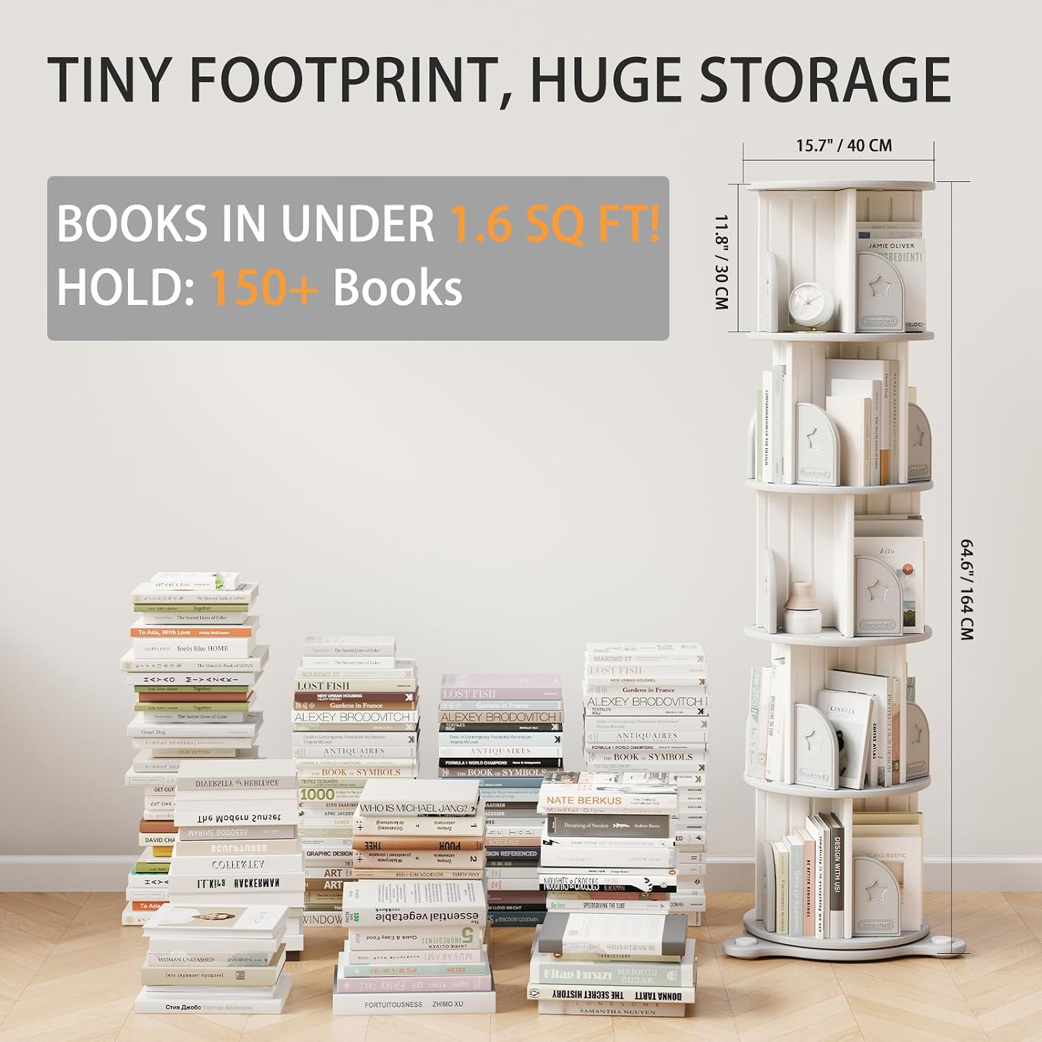 5-Tier Rotating Bookcase with Wheels, 360° Spinning Bookshelf Tower for Corner Spaces, Multi-Functional Book Display Stand & Organizer for Living Room, Bedroom, Classroom, Office - White