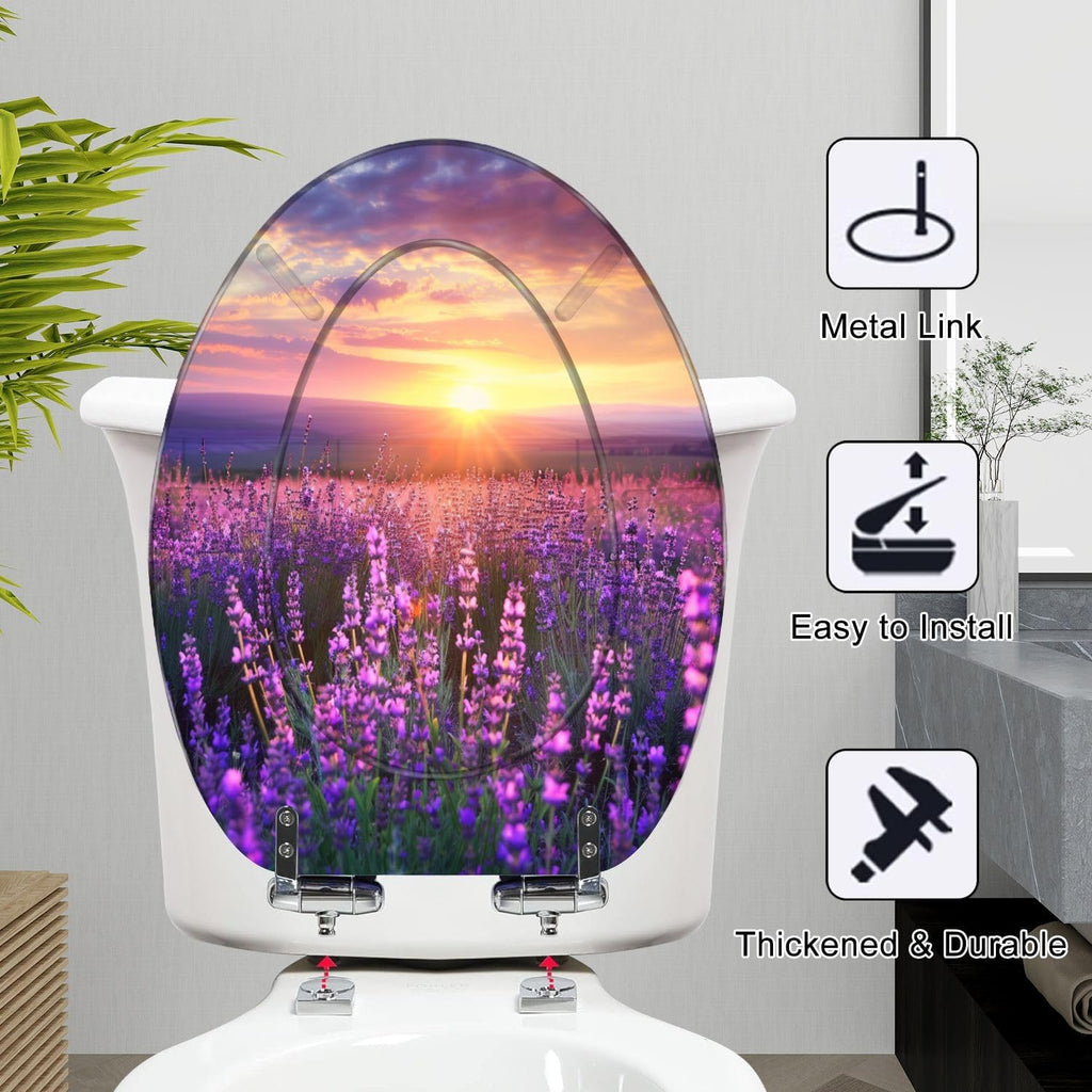 Elongated Toilet Seat Meadow lavender Resin Toilet Seat Slow Quiet Close Lid with Quick-Release Hinges Cover Bumpers Easy to Clean Install