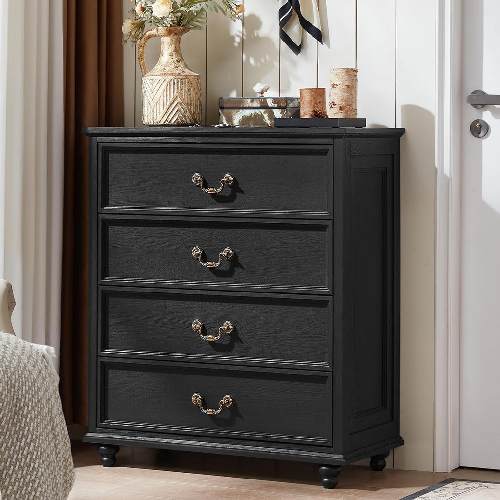 Joaxswe Farmhouse 4 Drawer Dresser for Bedroom, 37' Tall Rustic Chests of Drawers w/ 4 Solid Wood Feet, Mid Century Modern Wooden Closet Storage Dressers Organizer for Living Room, Hallway, Black