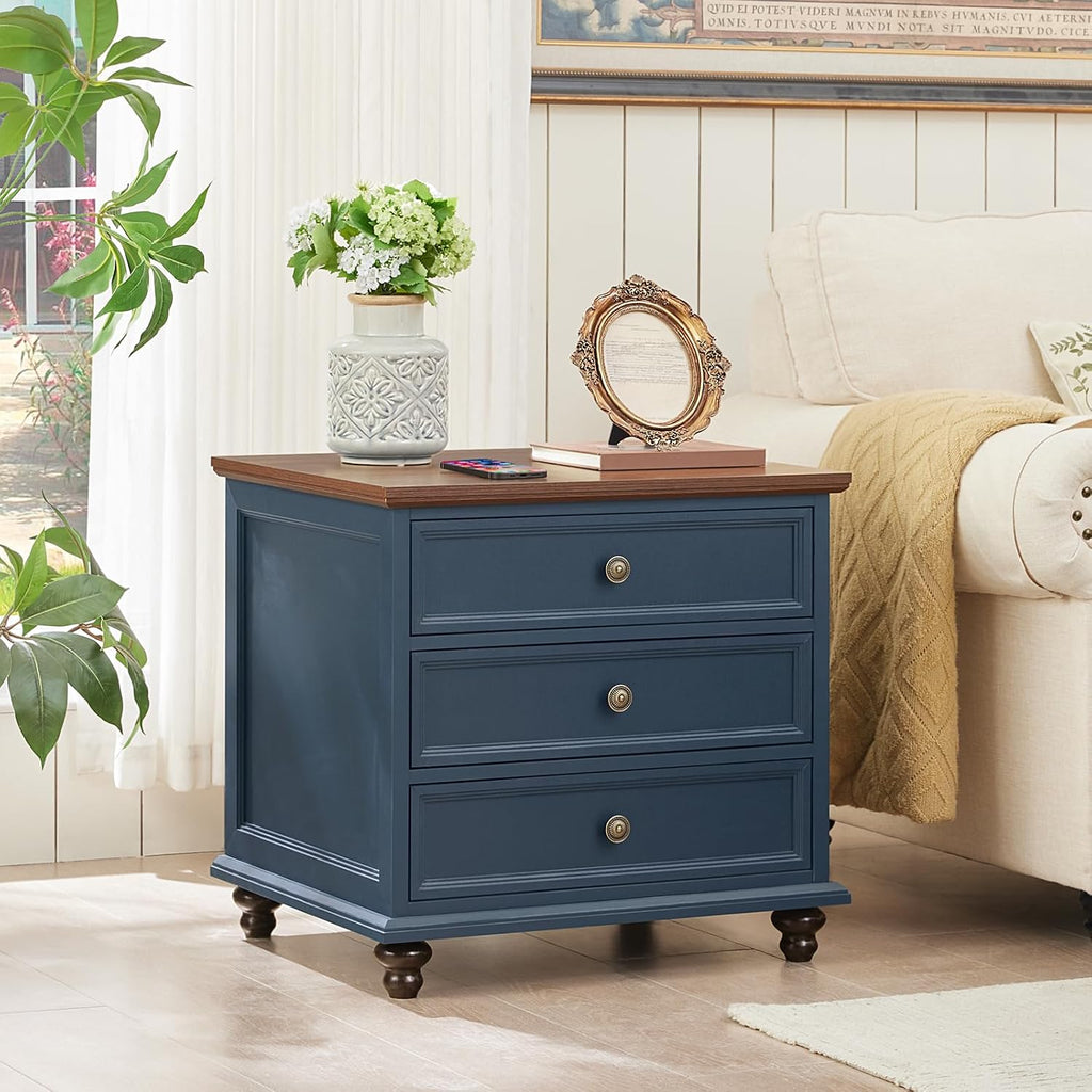 Joaxswe 24' Wide Farmhouse Night Stand Set of 2,Large End Table with 3 Drawers & Metal Handle,Blue Wood Dresser for Bedroom Cabinet, Bed Side Table Chest of Drawers,Nightstand for Living Room,Closet
