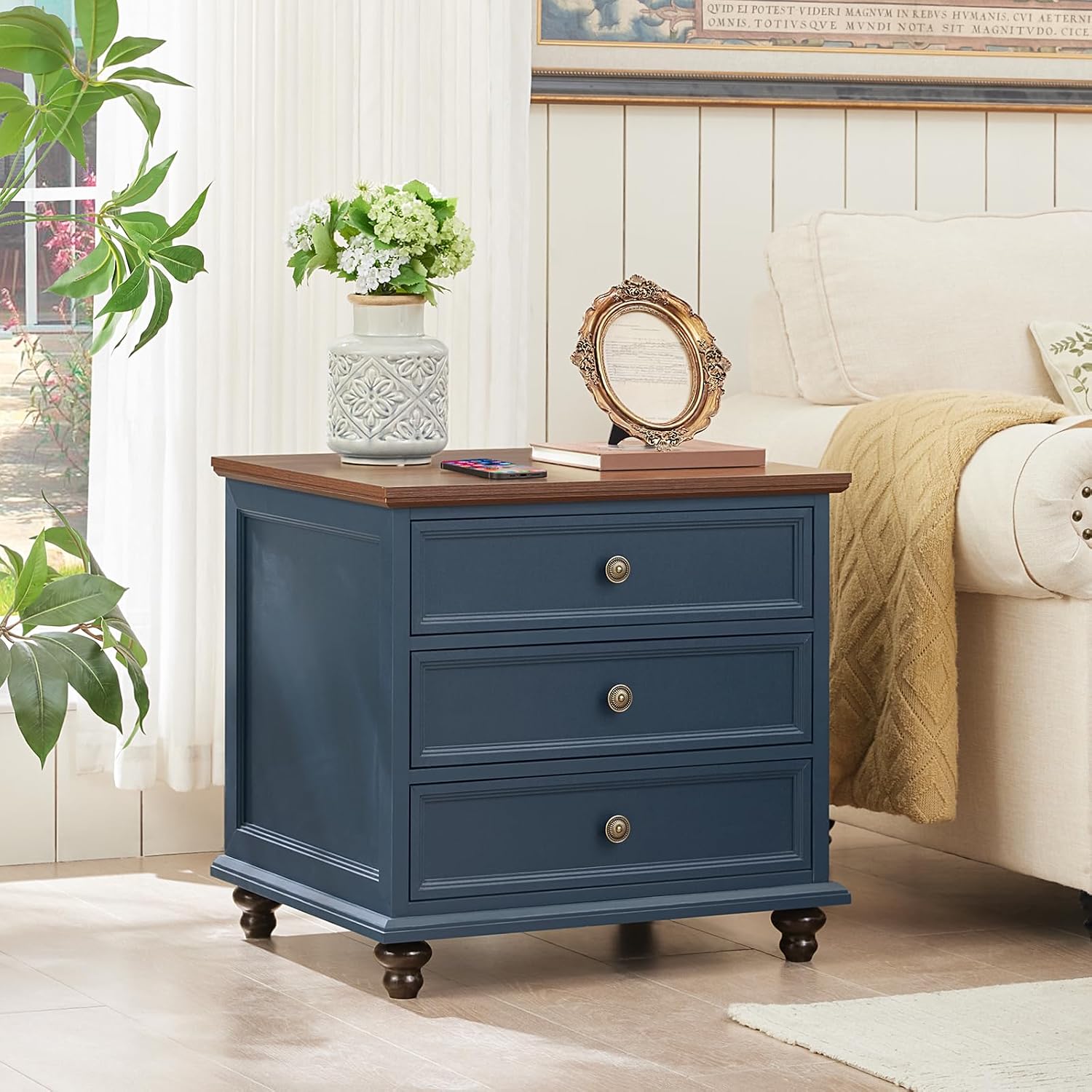 Joaxswe 24' Wide Farmhouse Night Stand Set of 2,Large End Table with 3 Drawers & Metal Handle,Blue Wood Dresser for Bedroom Cabinet, Bed Side Table Chest of Drawers,Nightstand for Living Room,Closet