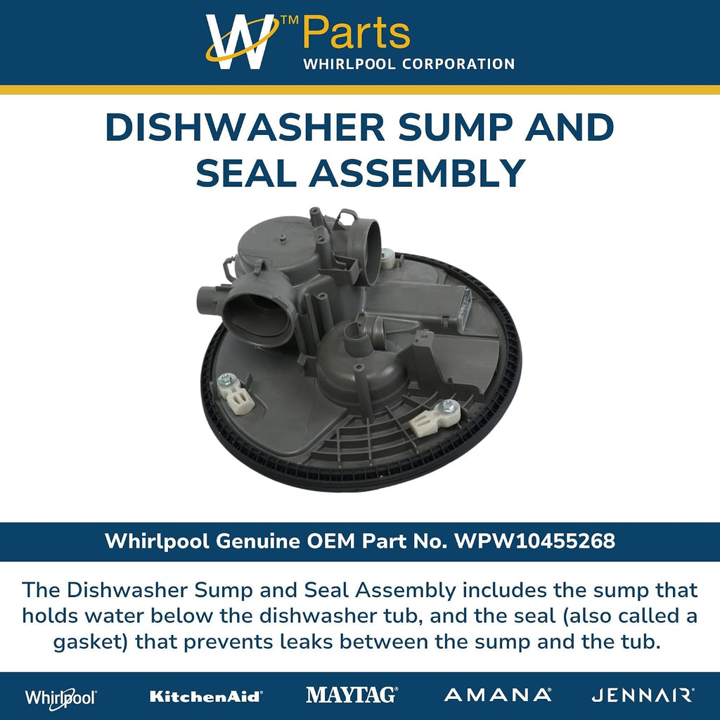 Whirlpool WPW10455268 OEM Dishwasher Sump and Seal Assembly, Black