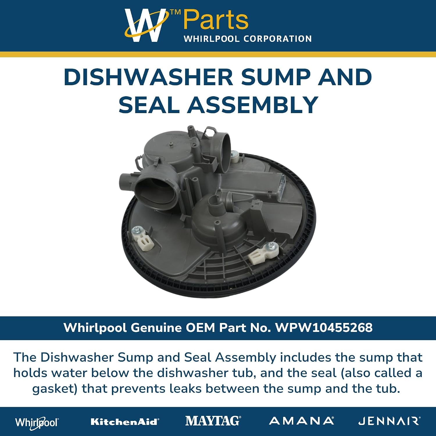 Whirlpool WPW10455268 OEM Dishwasher Sump and Seal Assembly, Black