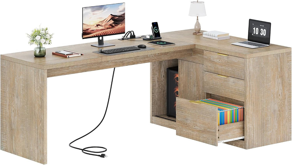 78 Inch L Shaped Office Desk with Drawers Fluted L Shape Computer Desk Executive Office Desk with File Cabinet Storage Shelves and Power Outlets Sturdy Writing Workstation Natural Oak